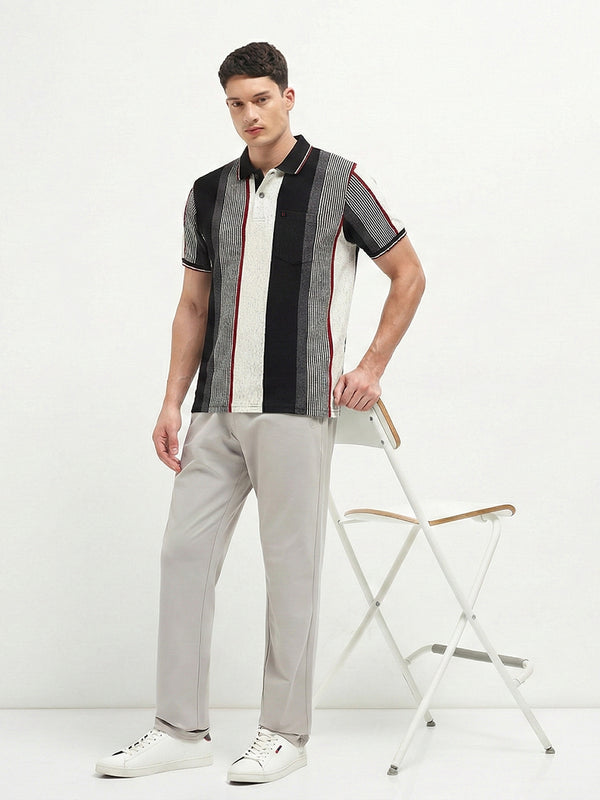 Black and Grey Vertical Stripes Polo T Shirt