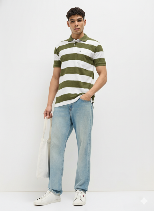 Olive Green Textured Stripes Polo T Shirt