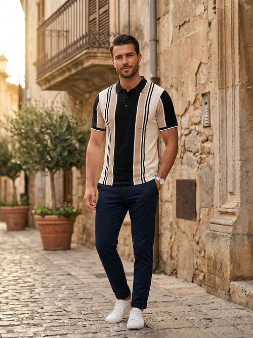 Black and Beige Vertical Stripes Polo T Shirt