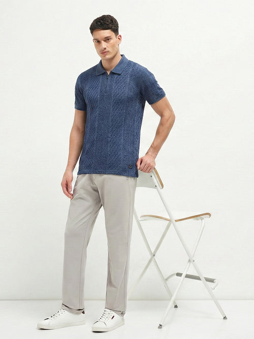Dusty Blue Textured Zipper Polo T Shirt