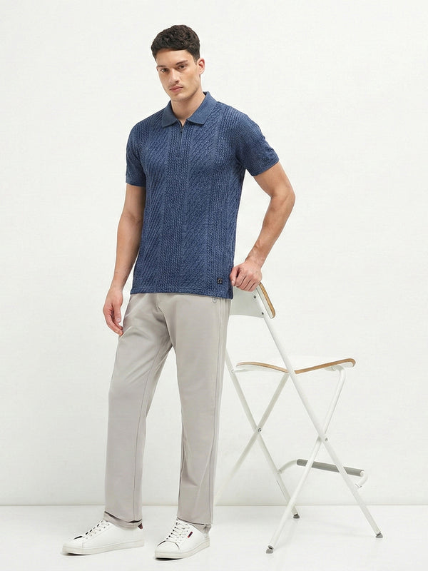 Dusty Blue Textured Zipper Polo T Shirt