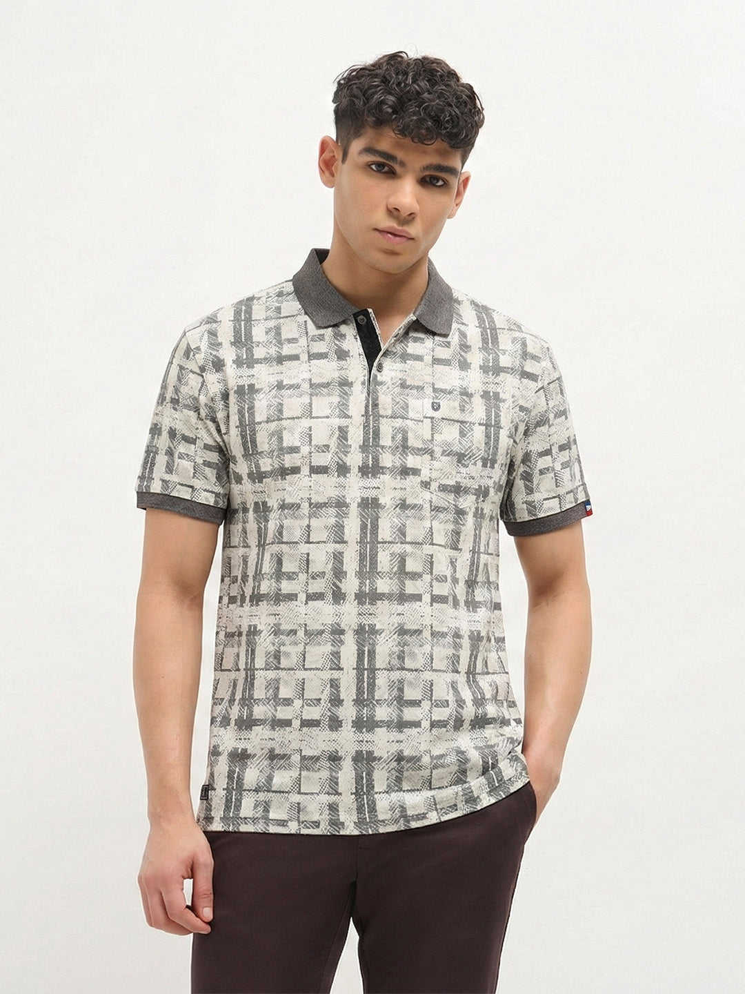 Grey Geometric Grid Printed Polo T Shirt