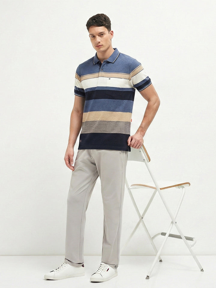 Slate Blue Horizontal Stripes Polo T Shirt