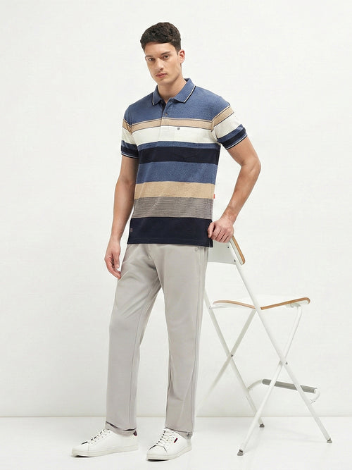 Slate Blue Horizontal Stripes Polo T Shirt