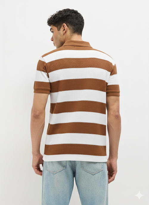 Coffee Brown Textured Stripes Polo T Shirt