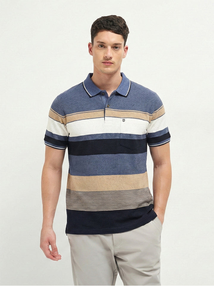 Slate Blue Horizontal Stripes Polo T Shirt