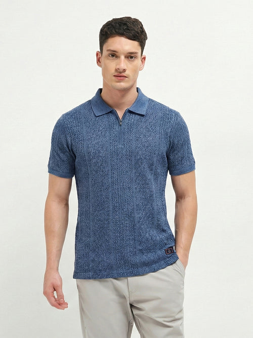 Dusty Blue Textured Zipper Polo T Shirt