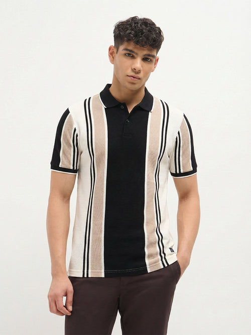Black and Beige Vertical Stripes Polo T Shirt