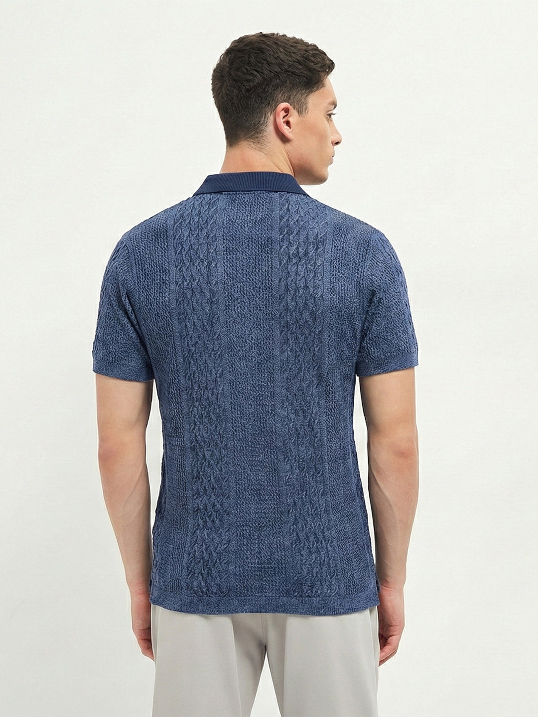 Dusty Blue Textured Zipper Polo T Shirt