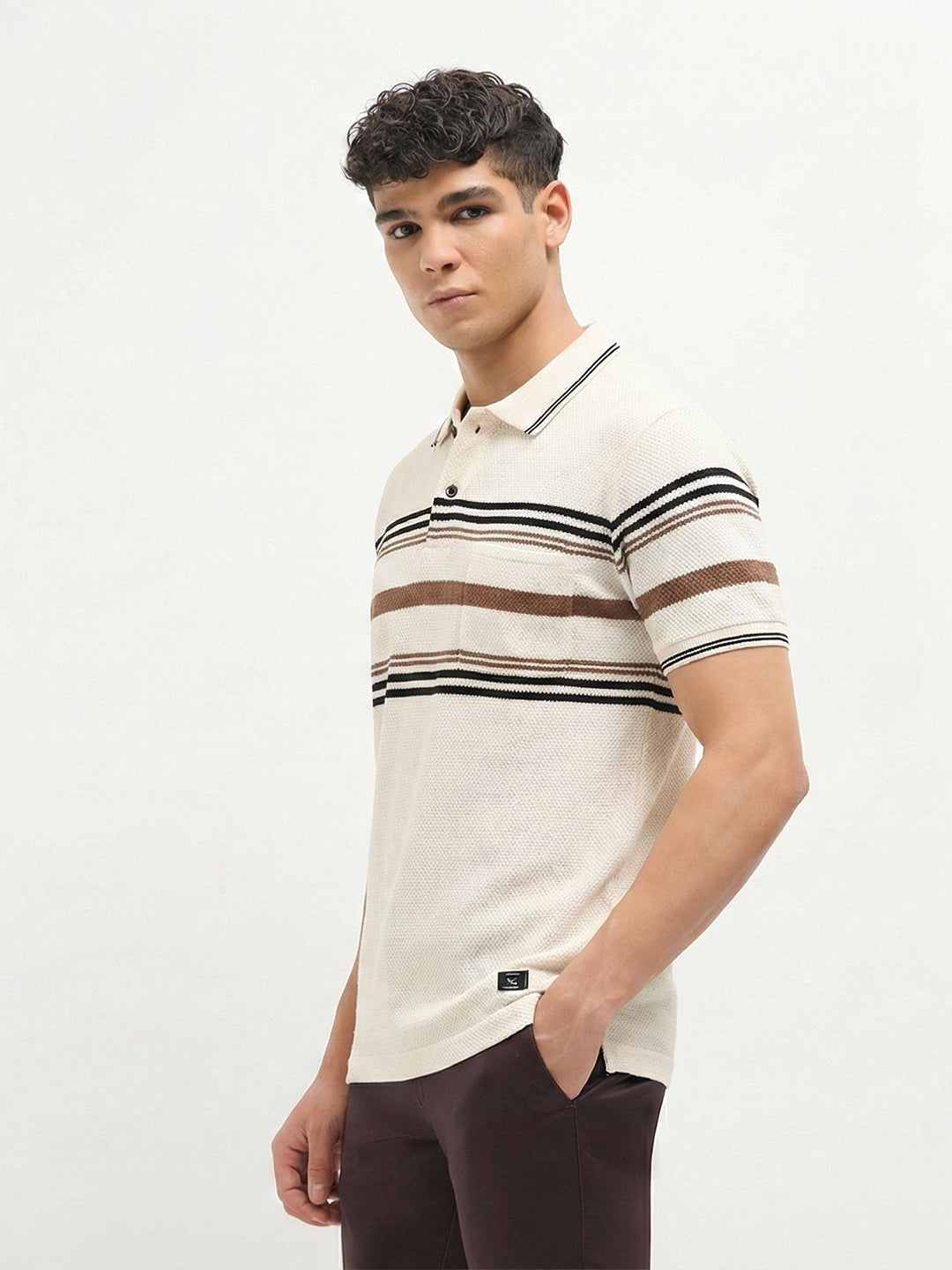 Cream Horizontal Stripes Polo T Shirt