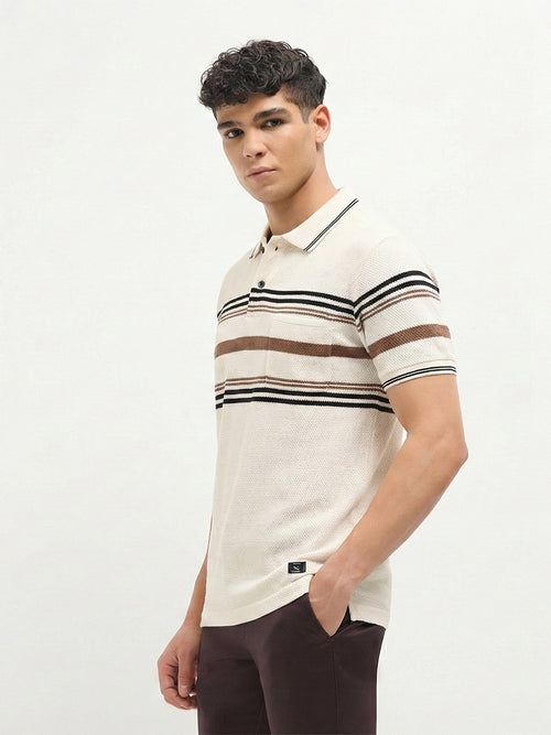 Cream Horizontal Stripes Polo T Shirt