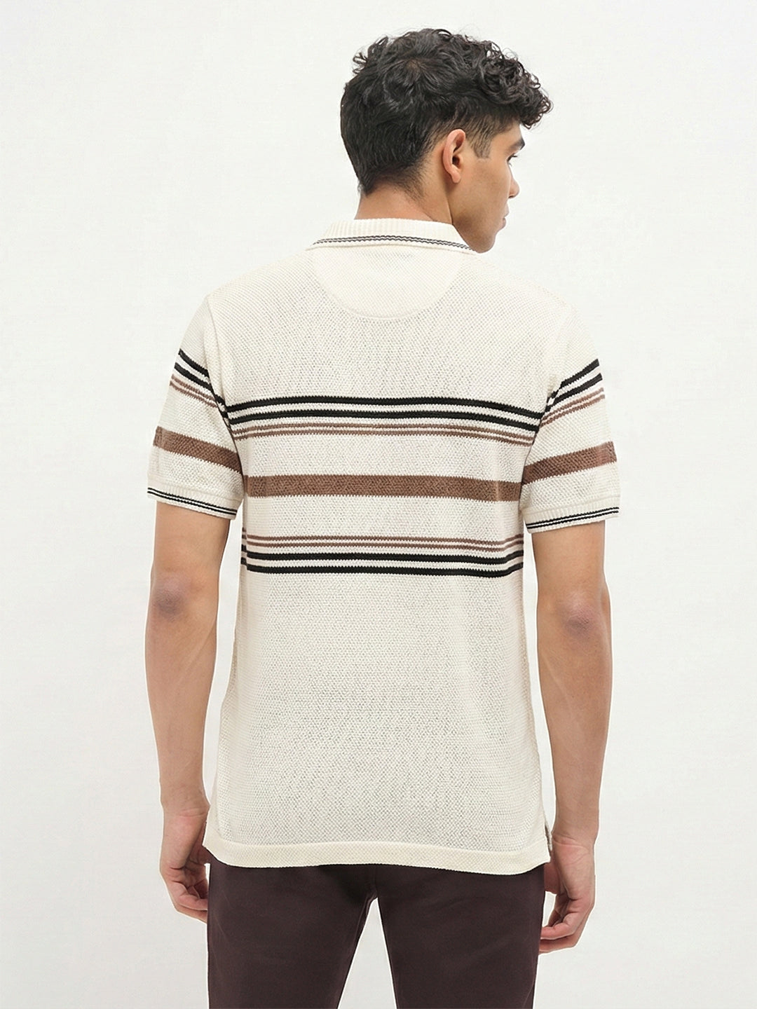 Cream Horizontal Stripes Polo T Shirt
