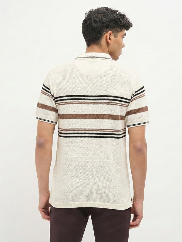 Cream Horizontal Stripes Polo T Shirt