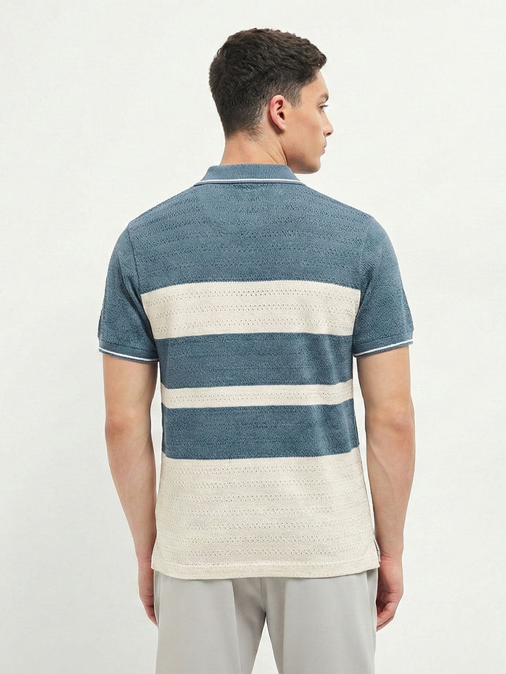 Teal Blue Textured Horizontal Stripes Polo T Shirt