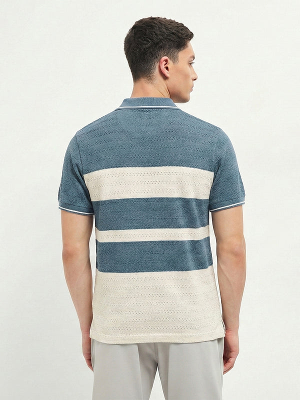 Teal Blue Textured Horizontal Stripes Polo T Shirt