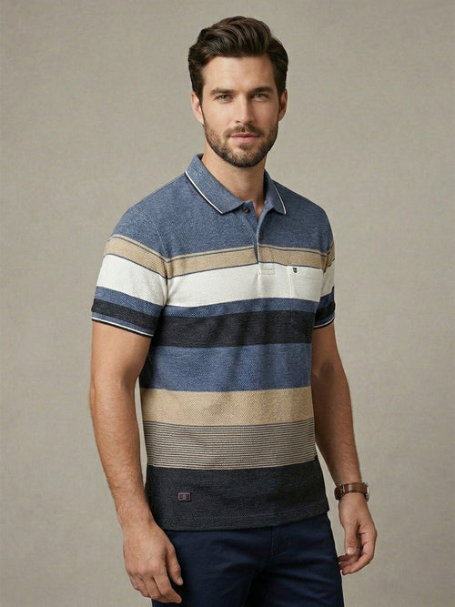 Slate Blue Horizontal Stripes Polo T Shirt