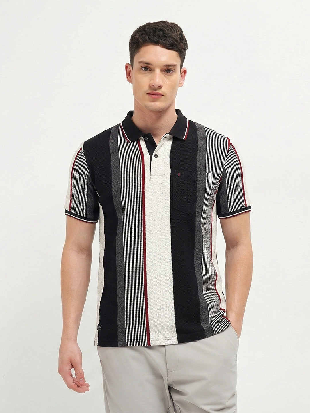 Black and Grey Vertical Stripes Polo T Shirt