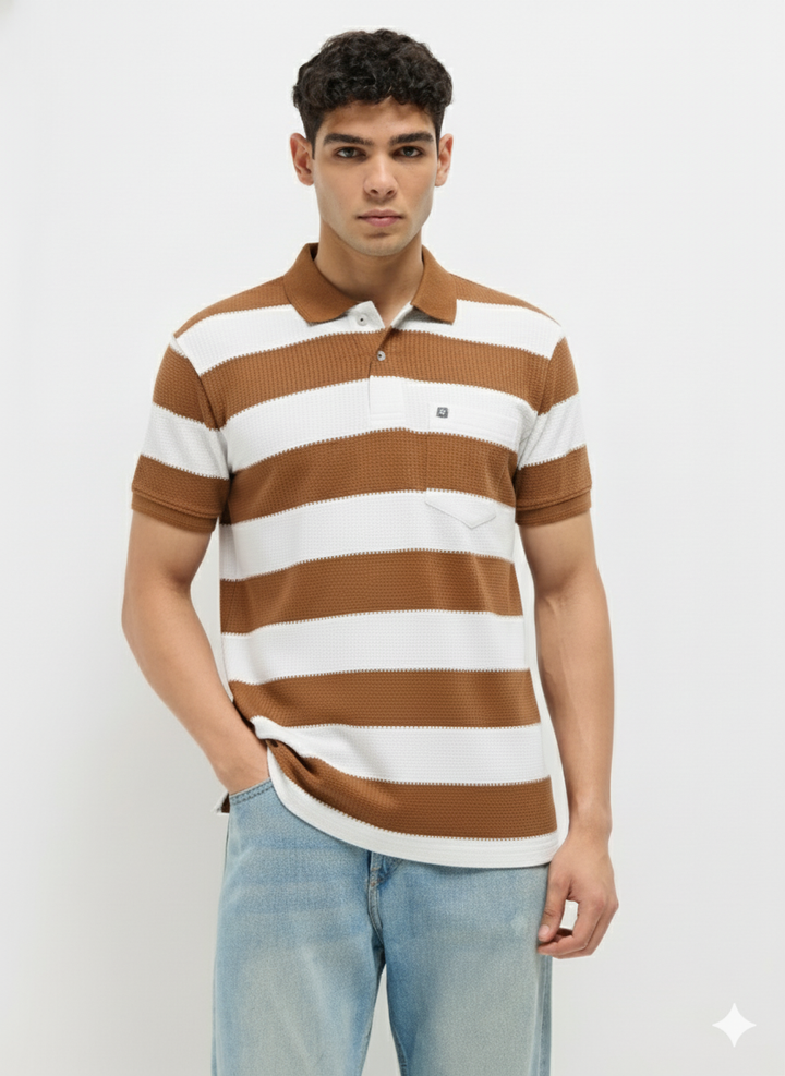 Coffee Brown Textured Stripes Polo T Shirt