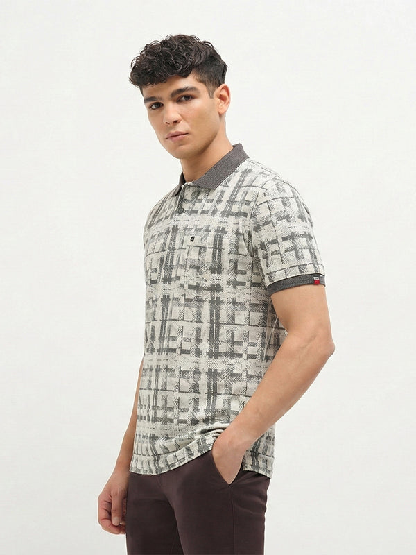Grey Geometric Grid Printed Polo T Shirt