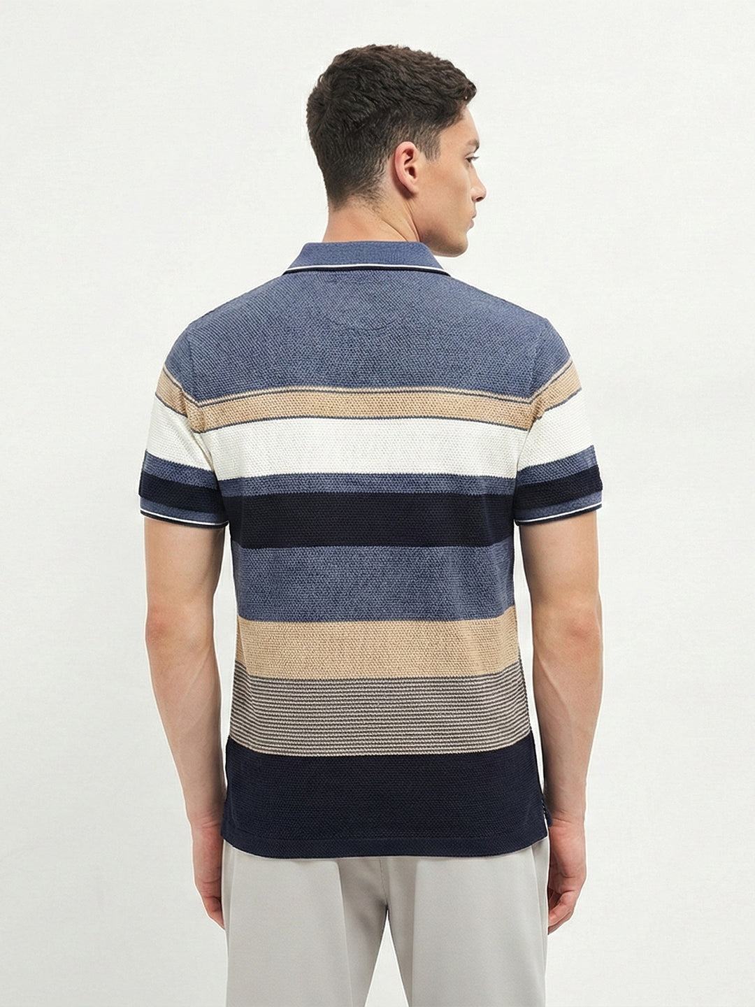 Slate Blue Horizontal Stripes Polo T Shirt