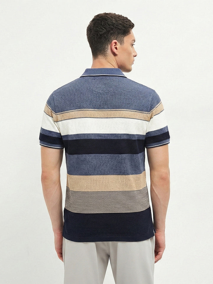 Slate Blue Horizontal Stripes Polo T Shirt
