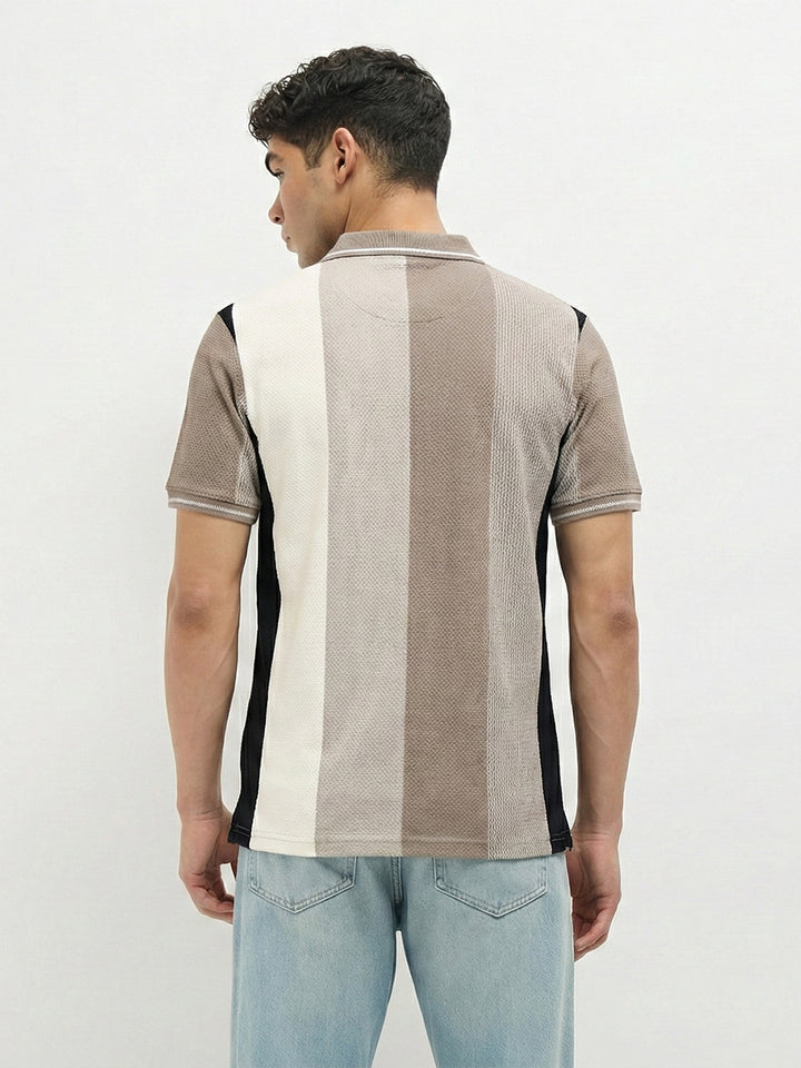 Beige Vertical Stripes  Polo T Shirt
