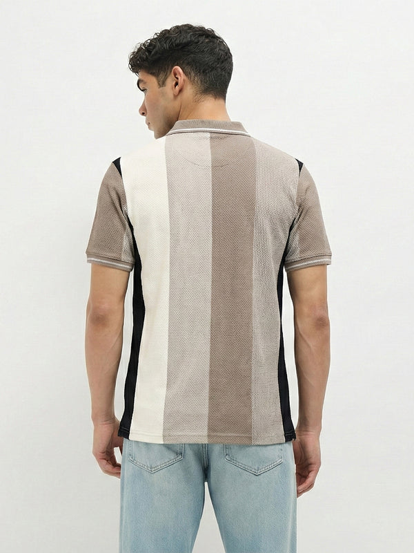 Beige Vertical Stripes  Polo T Shirt