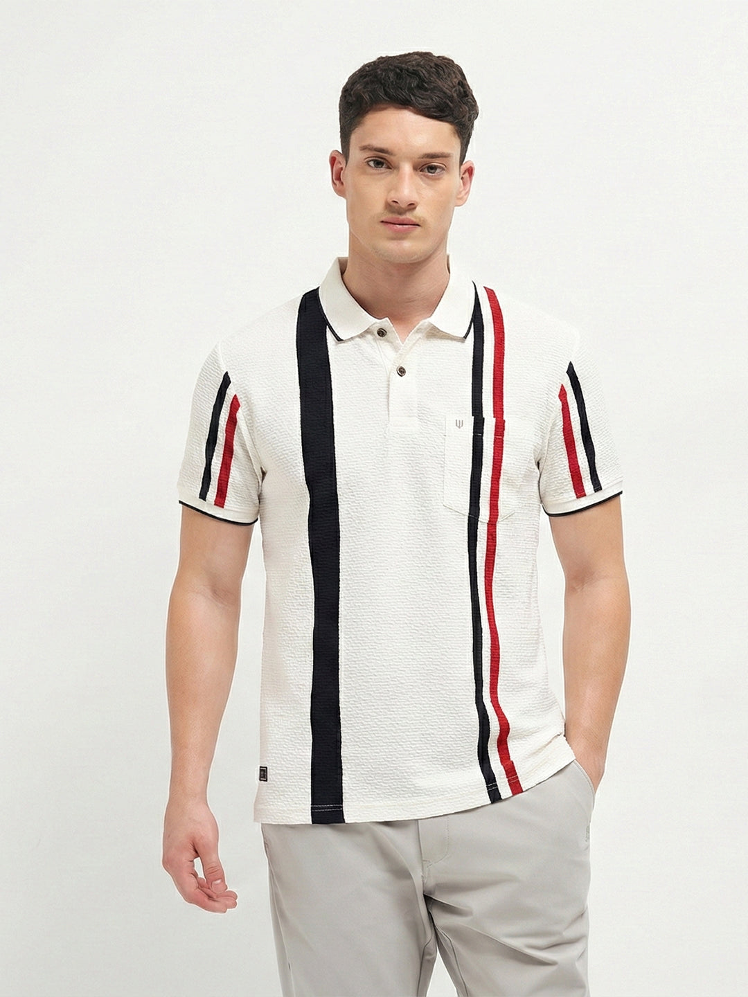 White Textured Vertical Stripes Polo T Shirt