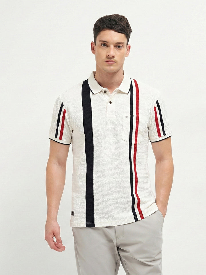 White Textured Vertical Stripes Polo T Shirt