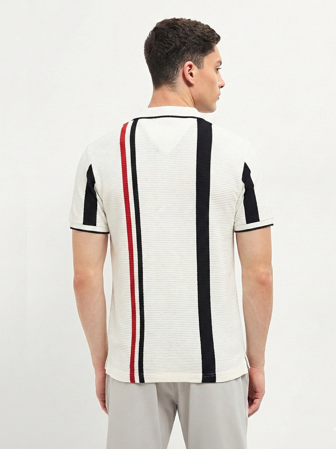 White Textured Vertical Stripes Polo T Shirt