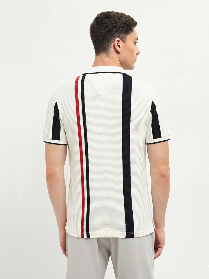 White Textured Vertical Stripes Polo T Shirt