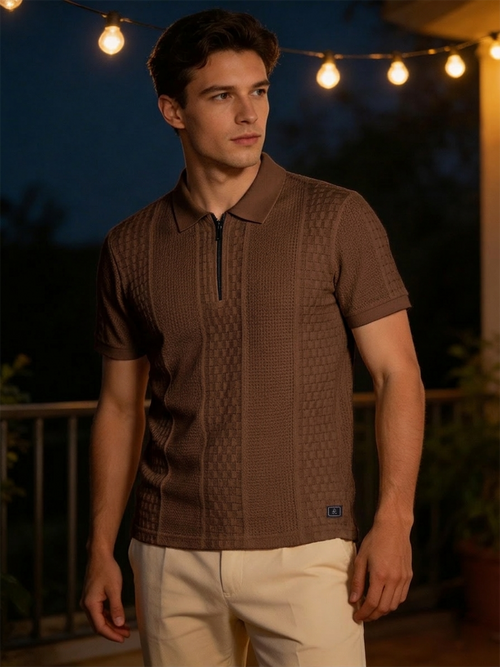 Coffee Brown Textured Knit Polo T Shirt