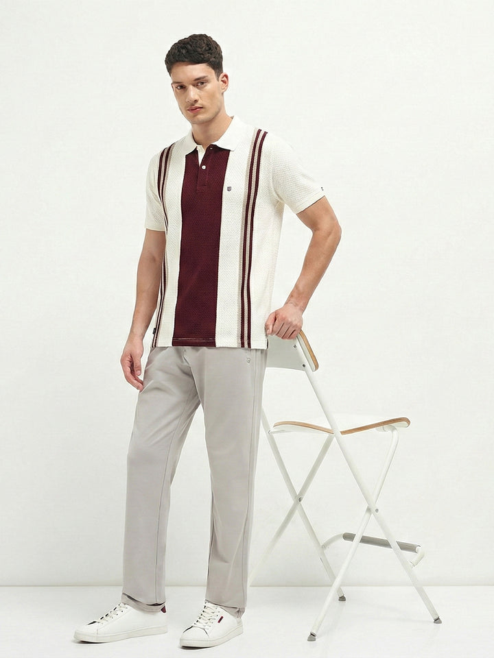 Burgundy and Cream Vertical Stripes Polo T Shirt
