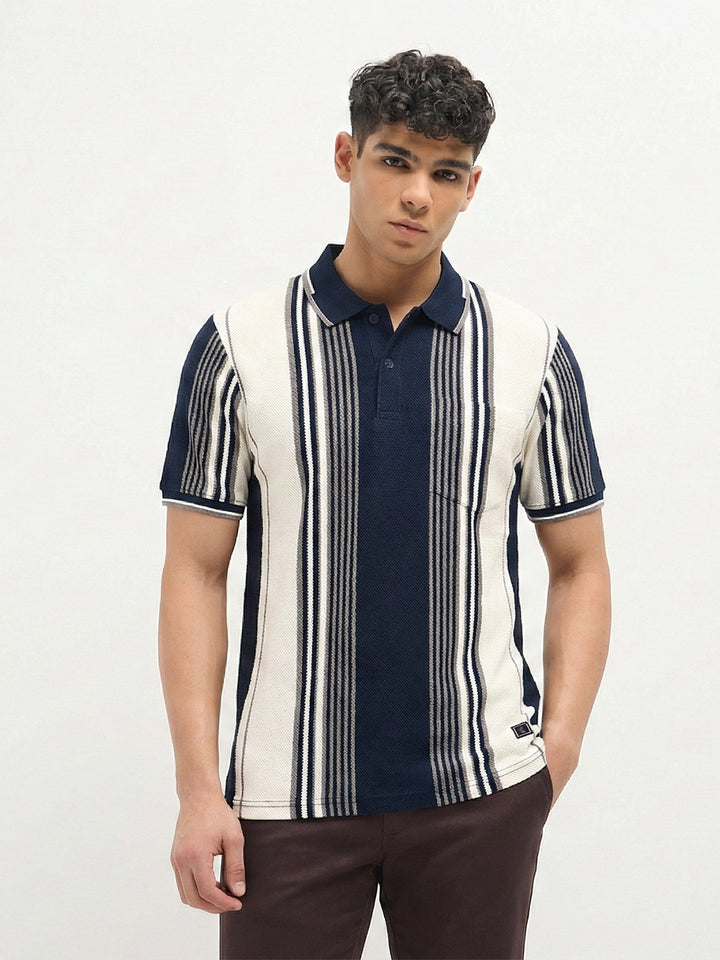 Navy Vertical Stripes Polo T Shirt