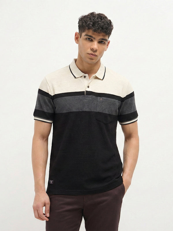 Black Panel Stripes Polo T Shirt