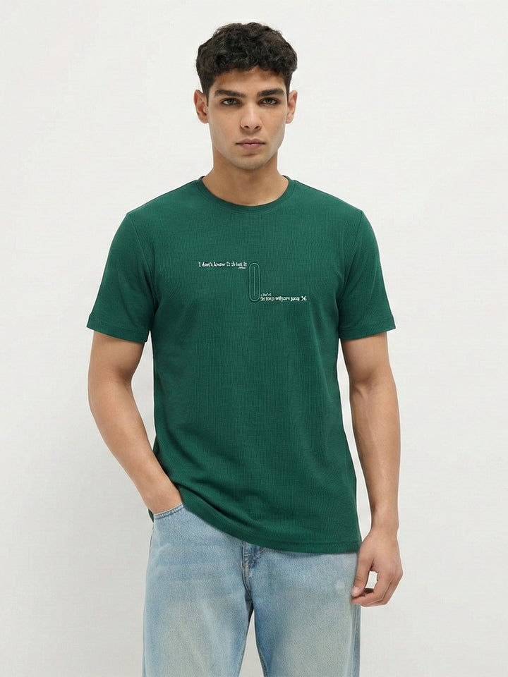 Dark Green Printed Crew Neck T Shirt
