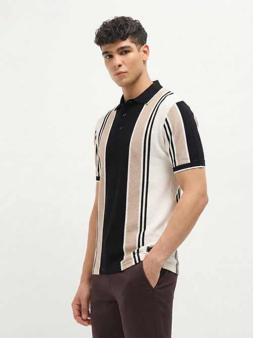 Black and Beige Vertical Stripes Polo T Shirt