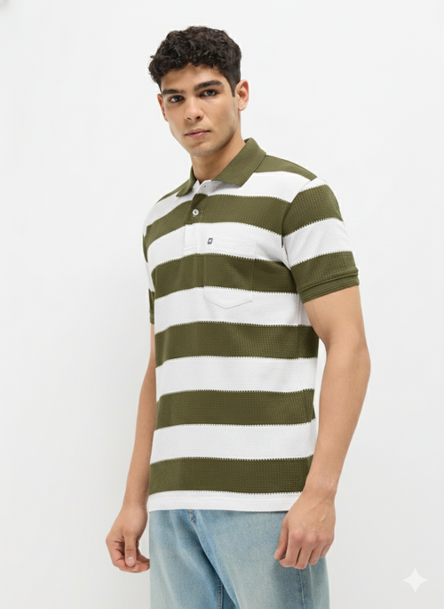 Olive Green Textured Stripes Polo T Shirt