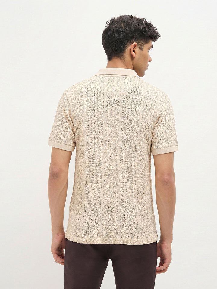 Beige Textured Knit Polo T Shirt
