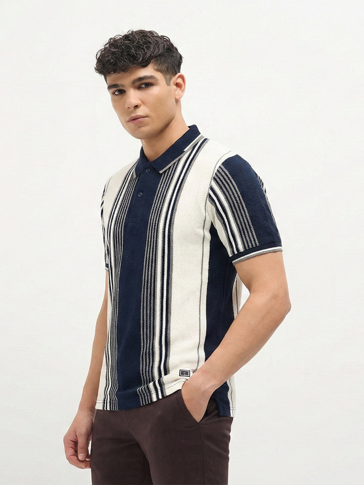 Navy Vertical Stripes Polo T Shirt