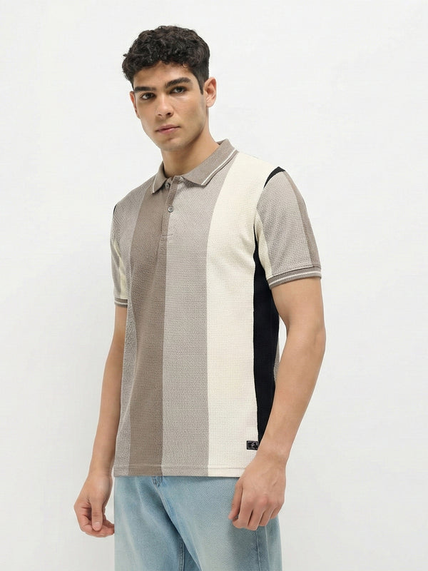 Beige Vertical Stripes  Polo T Shirt