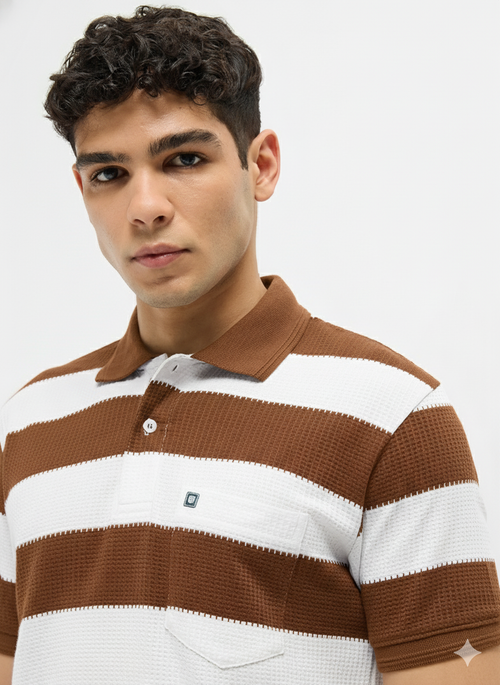 Coffee Brown Textured Stripes Polo T Shirt