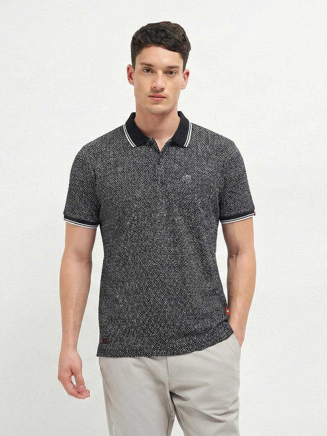 Black Geometric Printed Polo T Shirt
