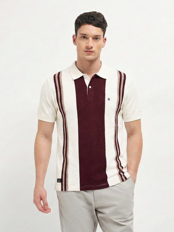 Burgundy and Cream Vertical Stripes Polo T Shirt