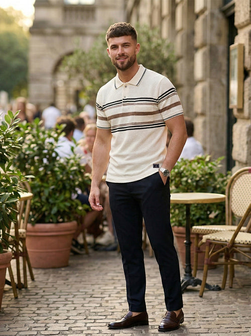Cream Horizontal Stripes Polo T Shirt