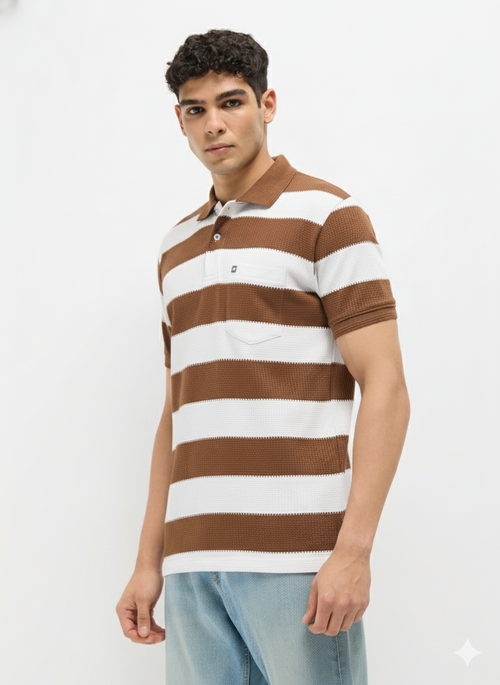Coffee Brown Textured Stripes Polo T Shirt