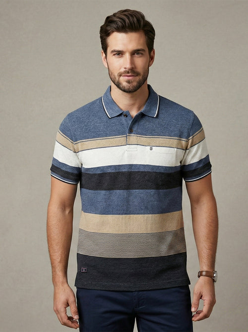 Slate Blue Horizontal Stripes Polo T Shirt