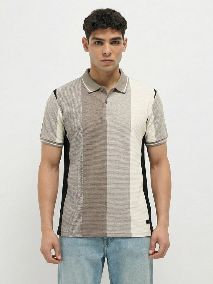 Beige Vertical Stripes  Polo T Shirt