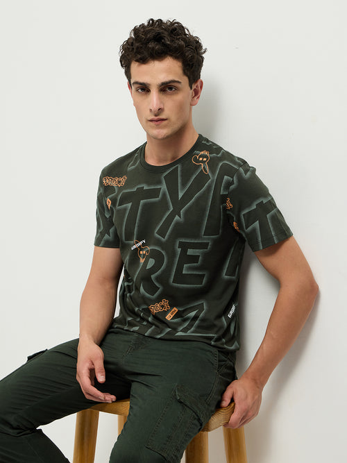 Olive Printed Crew Neck T Shirt