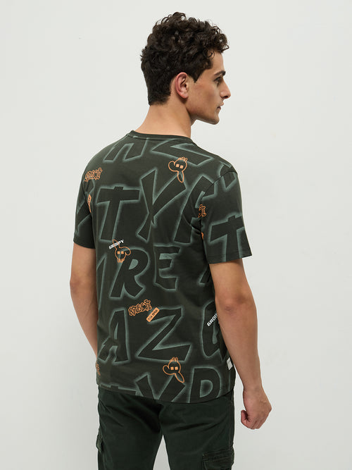 Olive Printed Crew Neck T Shirt
